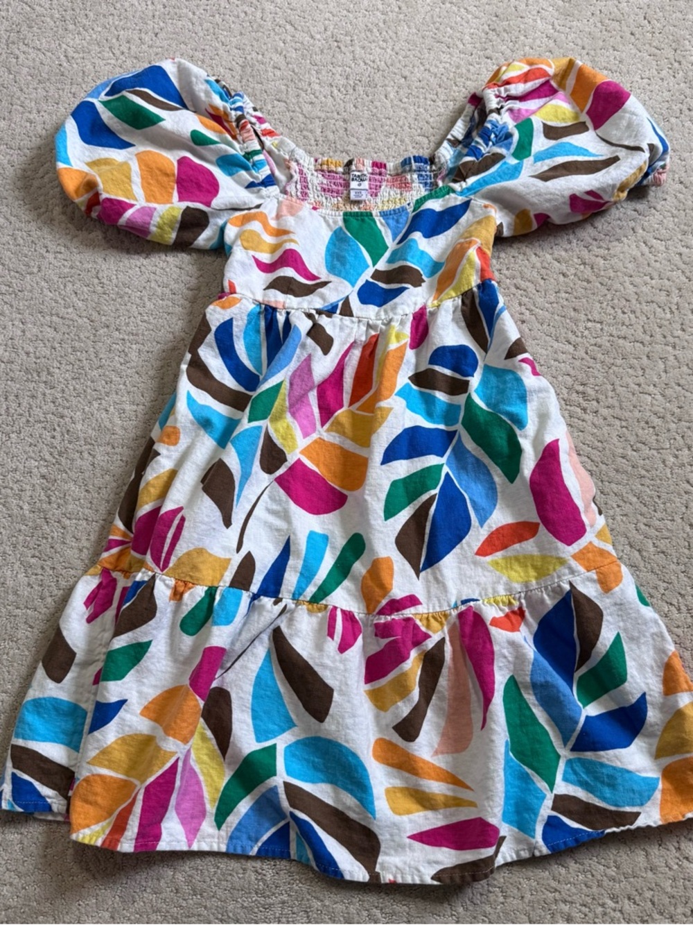 Tabitha Brown Dress Colorful Floral Print Linen Blend Puffy Sleeves Pockets XXS
